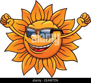 Cute Cartoon Spaß liebende tropische Sonne in Sonnenbrillen lächelnd, jubelnd und winken ihre Arme, isoliert auf weiß Stock Vektor