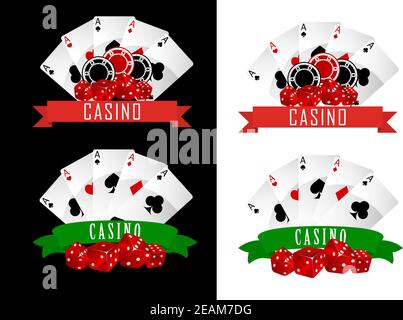 Casino-Symbole mit dekorativen Bändern, Spielkarten, Chips und Würfel auf schwarzem oder weißem Hintergrund Stock Vektor