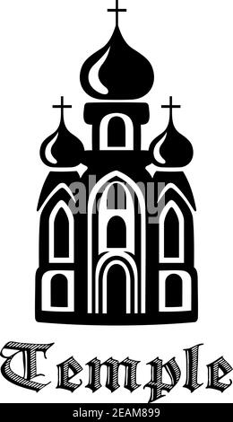 Schwarz-weiße Silhouette Temple Icon mit der Vorderseite Fassade des Gebäudes mit drei Zwiebelkuppeln und der Text - Tempel - darunter Stock Vektor