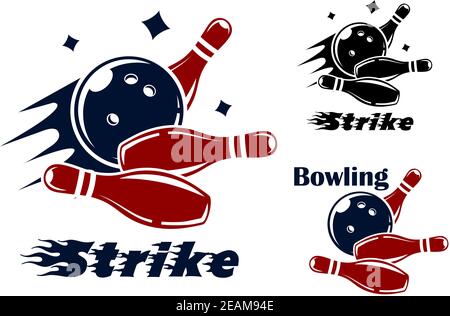 Bowling-Symbole und Symbole mit dem Text - Strike - Wie die Schüssel trifft die Stifte mit Geschwindigkeit und Bewegung Trails und eins mit dem Text - Bowling - und Kein Mot Stock Vektor