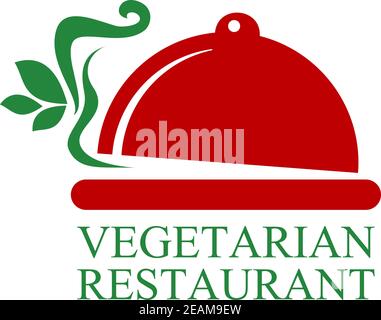 Rote Cloche, die das Restaurantschild mit grünem Text darstellt 'Vegetarisches Restaurant' unten isoliert auf weißem Hintergrund geeignet f Stock Vektor
