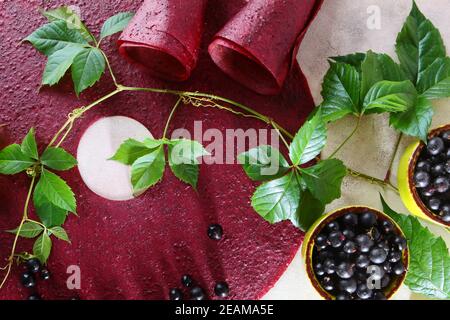 Pastilla von schwarzen Johannisbeeren auf einem hellen Hintergrund. Die Süße wird in ein Rohr gerollt. In der Nähe ist ein Zweig mit grünen Blättern. Schwarze Johannisbeere in einer Keramikschale. Stockfoto