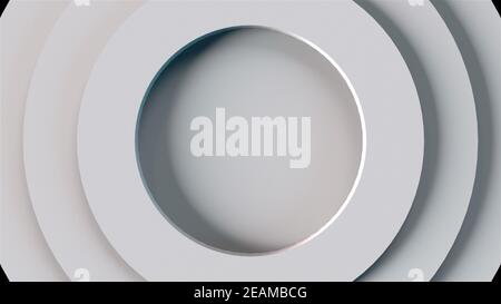 Computer erzeugt eine Reihe von abstrakten Kreisen auf verschiedenen Ebenen. 3D Rendering von elegantem weißem Hintergrund Stockfoto