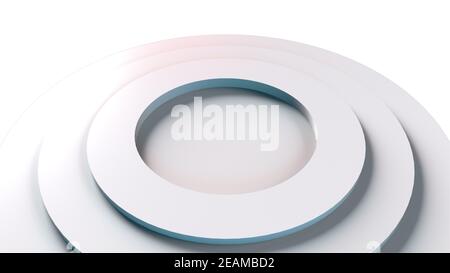 Computer erzeugt eine Reihe von abstrakten Kreisen auf verschiedenen Ebenen. 3D Rendering von elegantem weißem Hintergrund Stockfoto