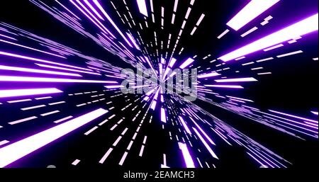 Abstrakt leuchten neonlila Linien und Streifen. Retro futuristischer Hintergrund. Abstrakter Hintergrund mit fliegenden Neon-Streifen. 3d-Illustration Stockfoto