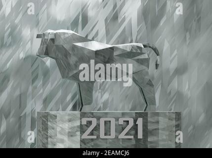 Figur eines vereinfachten polygonalen Metallbullen auf einem Stand, Symbol des neuen Jahres 2021, 3d-Render Stockfoto