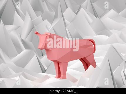 Figur aus rosa Low Poly Paper Bull auf polygonalem weißem Hintergrund, Symbol des neuen Jahres 2021, 3d-Rendering Stockfoto
