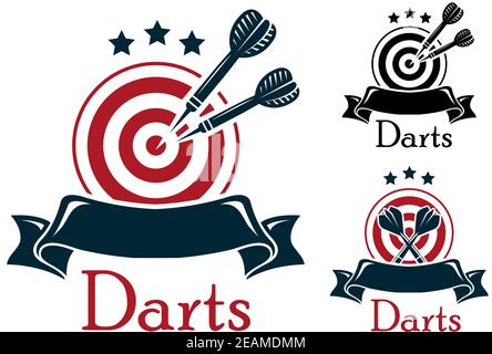 Darts Emblem mit gekreuzten Dartscheibe und Darts über einem leeren Band Banner mit Sternen oben in drei Farbvarianten mit Text - Darts, eine andere Stock Vektor