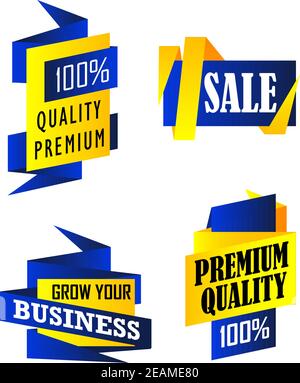 Set von Origami-Etiketten, die 100% Qualität Premium, Verkauf und Wachstum Ihres Unternehmens in gelb und blau isoliert auf weißem Hintergrund in vertikalem Format Stock Vektor