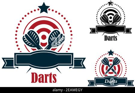 Darts Sport Embleme mit gekreuzten Darts über einem Dartbrett Mit einem leeren Band Banner und dem Text - Darts - in drei Farbvarianten eine mit der da Stock Vektor