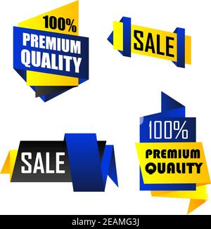 Set von Origami Web-Banner und Etiketten Darstellung 100% Qualität Premium und Sale in gelb und blau isoliert über weiß Hintergrund Stock Vektor