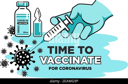 Hand von Arzt oder Krankenschwester in medizinischen Handschuh macht Impfstoff gegen Coronavirus. Flasche und Fläschchen mit Medikament für COVID-19. Zeit, Poster oder zu impfen Stock Vektor