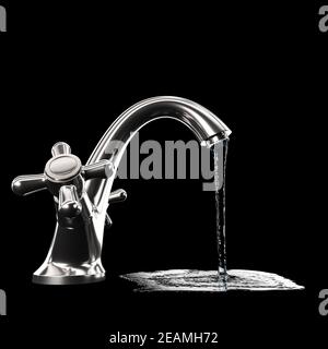 chrom Wasserhahn und Wasser fallen auf schwarzen Boden. Stockfoto
