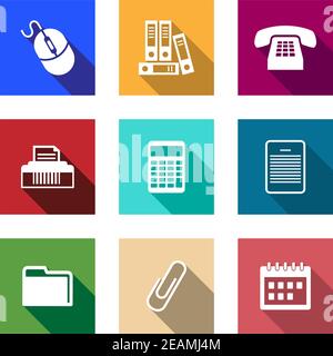 Flat Office liefern Symbole mit einer Computer-Maus, Dateien, Telefon, Drucker, Rechner, PDA, Ordner, Büroklammer und einen Desktop-Kalender für die Anwendung Stock Vektor