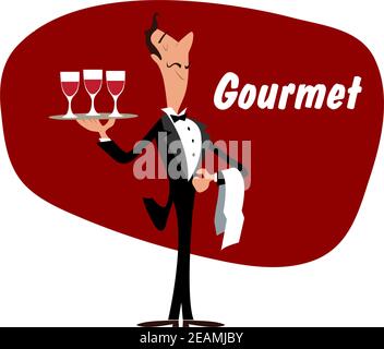 Eleganter Weinhalter oder Kellner mit einem Tablett mit Gläsern Von Rotwein und das Wort - Gourmet Stock Vektor