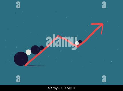 Up Trend Line Graph, Illustration Konzept des guten Trends. Business- und Finanzkonzept mit semi-abstrakter Kugel und Pfeil. Für redaktionelle und Zeitschriftenillustrationen. Stockfoto