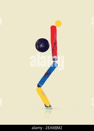 Lifestyle Balance Konzept mit ausgewogenem Gleichgewicht Illustration. Meditationssymbole. Abstrakte Moderne Malerei mit Volumen. Bauhaus und Kandinsky Vibe. Für Print und Poster. Stockfoto