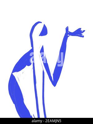 Blaue Frau Silhouette. Minimalistischer Charakter. henri Matisse Vibe. Hand gezeichnet auf Weiß für Druck und Poster. Matisse Druckbare Kunst. Stockfoto