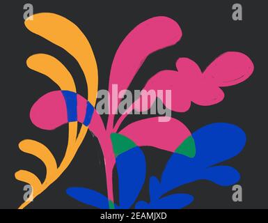 Abstrakt Blume und Pflanzenfarbe Schablone in schwarzem Hintergrund. Fauvismus und Cut-Out-Vibe von Henri Matisse. Für Print Poster und Mode. Stockfoto