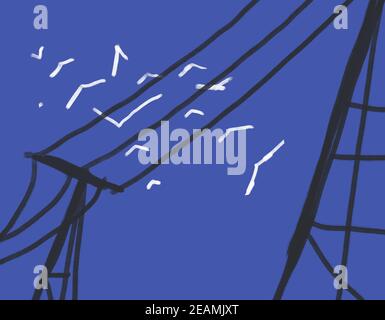 Painting minimalist blue sky with white bird fly arround the black electric pylon.illustration in trendy art. Stock Photo