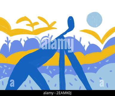 Primitive menschliche Silhouette Spaziergang in der Natur. Minimalistisches Malen und Ausschneiden. Moderne und einfache Kunst. Illustration mit blau und gelb isoliert auf weiß Stockfoto