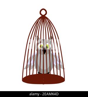 Vintage Cartoon-Symbol mit Töpfer Eule Käfig auf weißem Hintergrund für Banner-Design. Imagination-Konzept. Isoliertes Objekt. Vektordesign-Banner Stockfoto