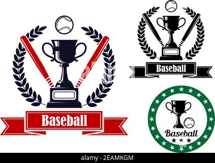 Drei Baseballabzeichen oder Embleme, zwei mit Fledermäusen, ein bal und eine Trophäe in einem Kranz und Band Banner mit Text, einer in einem kreisförmigen Rahmen und keine Fledermäuse Stock Vektor