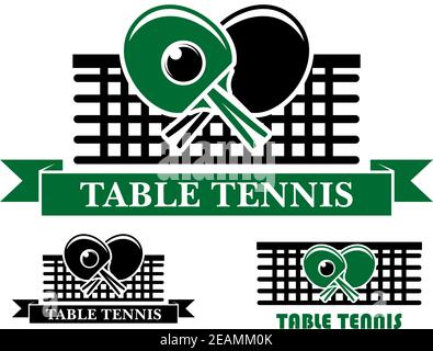 Drei Tischtennis-Embleme und Symbole mit gekreuzten Fledermäusen über einem Netz und Text unten, zwei in Band Banner und eine Ebene für sportliche Design Stock Vektor