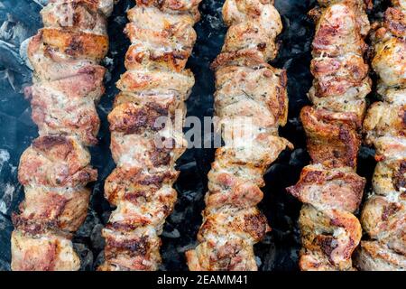 Braten Schwein am Spieß über einen brazier. Drehen Fleisch über Kohlen. Appetitlich Shish Kebab. Stockfoto