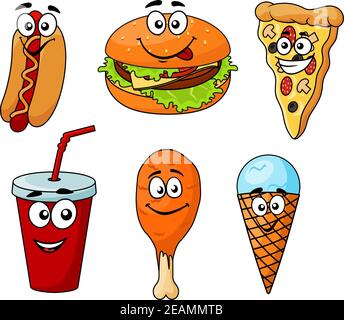 Bunte Cartoon Fast-Food-Ikonen mit einem Hotdog, Cheeseburger, Pizza, Soda, Huhn Flügel und Eis-Kegel, isoliert auf weiß Stock Vektor