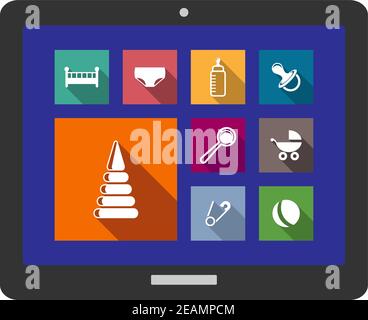 Set aus verschiedenen flachen Baby-Icons mit einem Kinderbett, Windel, Flasche, Schnuller, Dummy, Rassel, Kinderwagen, Sicherheitsnadel und Ball auf einem digitalen Tablet Stock Vektor