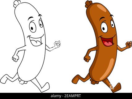 Running Cartoon Wurst mit Farbe und Umriss Versionen für schnell Lebensmitteldesign Stock Vektor