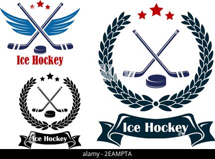 Eishockey Sport Embleme oder Abzeichen mit gekreuzten Stäben und einem Puck, ein geflügeltes und zwei in einem Lorbeerkranz mit Band Banner eingeschlossen Stock Vektor