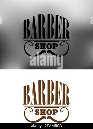 Grau und braun Retro Friseur-Shop Symbol, Emblem oder Insignien mit einem gebogenen Schnurrbart und der Text - Barber Shop. Geeignet für Barbier und Dienstleistungsunternehmer Stock Vektor