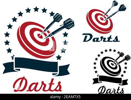 Darts Sportliche Symbole, Embleme und Symbole mit Darts, Dartscheibe, Band und Lorbeerkranz für Sport-und Freizeit-Design gesetzt Stock Vektor