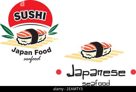 Rot und gelb gefärbte japanische Sushi Meeresfrüchte Emblem Design, geeignet für Restaurant und Meeresfrüchte-Industrie Stock Vektor