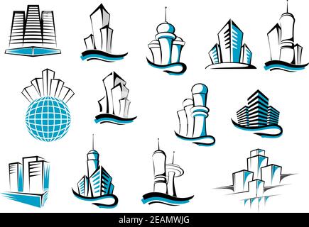 Symbole oder Embleme für Büro-, Telekommunikations- und Wohngebäude. Geeignet für Architektur und Immobiliendesign Stock Vektor