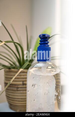 Flasche Handdesinfektionsmittel, antimikrobielles Flüssiggel, Keimprävention oder antibakterielle Hygiene für Coronavirus am Arbeitsplatz Stockfoto