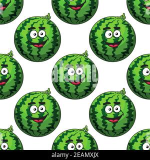 Nahtloses Muster von Bauernhof frischen grünen Cartoon Wassermelonen mit niedlich Kleine Gesichter für eine gesunde Ernährung Stock Vektor