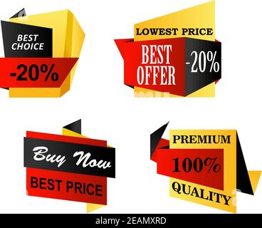 Set von Origami-Business-Etiketten Darstellung niedrigsten Preis oder Premium-Qualität, beste Angebot, jetzt kaufen und eine beste Wahl in gelb, schwarz und rot isoliert über Stock Vektor