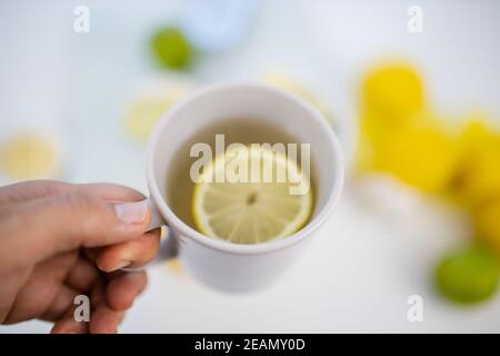 Weibliche Hand hält eine Tasse Zitronentee über Limetten Und Zitronen Stockfoto