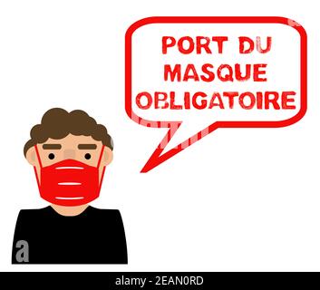 Illustration eines Mannes, der eine rote Coronavirus-Maske trägt und sagt: Das Tragen einer Maske in französischer Sprache erforderlich Stockfoto