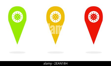 Nadeln grün, orange, rot zeigt covid-19 Infektionen auf der Karte Stockfoto