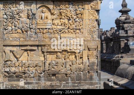 Indonesien, Java, Magelang, Relief Panel an Tempel Borobudur Stockfoto