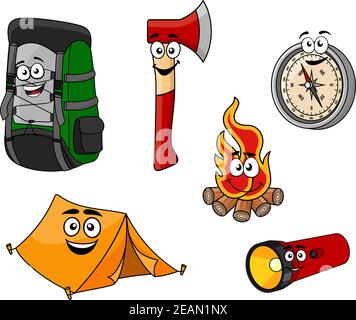 Cartoon Camping und Reise-Objekte mit Rucksack Zelt Axt Kompass, Feuer und Taschenlampe für Tourismus-Design gesetzt Stock Vektor