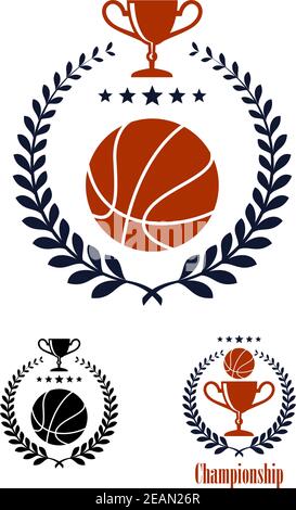 Basketball Sport Embleme und Symbole mit einem Ball und Pokal in einem runden Lorbeerkranz mit einer Linie von Sternen, einer mit dem Wort Champi eingeschlossen Stock Vektor