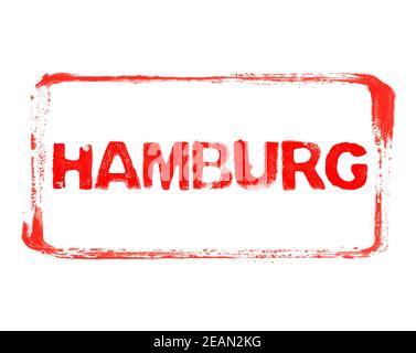 Roter Schablonenrahmen mit Grunge Text deutsche Stadt Hamburg Stockfoto