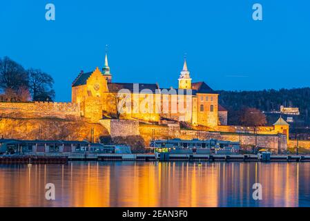 Sonnenuntergang Ansicht des Akershus Forts in Oslo, Norwegen Stockfoto