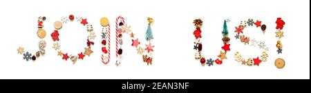 Bunte Weihnachtsdekoration Brief Gebäude Wort Join Us! Stockfoto