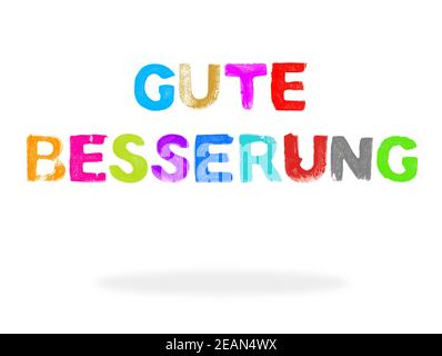 Bunter Schablonentext mit Schatten: Werde bald gesund in deutscher Sprache Stockfoto